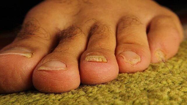 Close-up a severely infected toenail showing yellow thickened fungal damage compared with healthy surrounding nails. Useful for medical education, dermatology, foot-care awareness, and pharmaceutical.