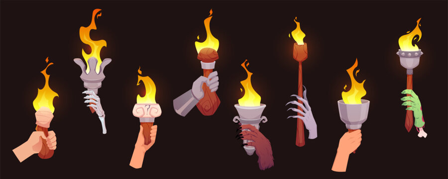 Human, animal, zombie hands holding burning torches vector set, cartoon fiery flames flambeau with decorated holders
