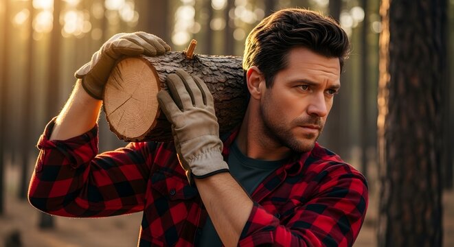 Caucasian man carrying a log on his shoulder in a forest at sunset. Logger working outdoors. Lumberjack concept for strength and work.