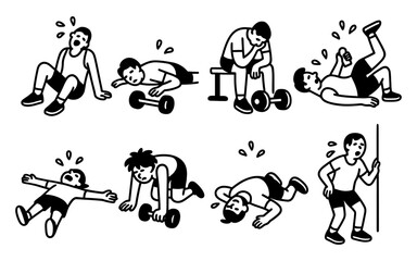 Exhausted gym goers: playful fitness line art illustrating post-workout fatigue