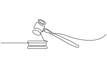 Continuous one line drawing of Law judge hammer Illustration, isolated on transparent background.