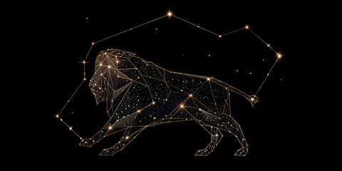 Leo zodiac constellation in minimal line art style, created with thin golden lines on black background, elegant modern astrology design highlighting celestial beauty with copy space for text