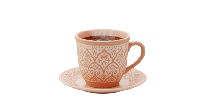 Elegant ceramic coffee mug with ornate pattern on saucer isolated on transparent background