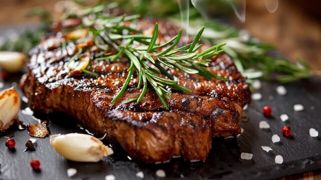 Juicy grilled steak with rosemary and garlic presentation