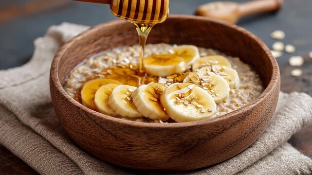Delicious oatmeal with banana slices and honey drizzle