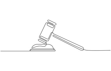Continuous one line drawing of Law judge hammer Illustration, isolated on transparent background.