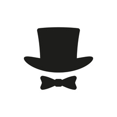 Top hat icon with bow tie. Cylinder hat. Vector silhouette and illustration on a white background.