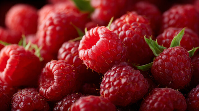 An intimate macro view captures ripe raspberries under gentle side lighting, emphasizing their vivid red tones and deep texture.