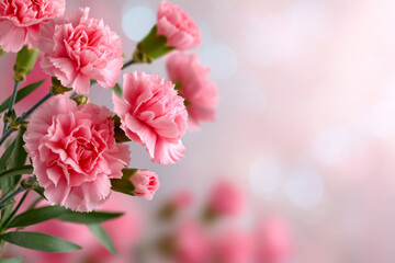 Obraz premium Soft pink carnations trail delicately across a pastel background, offering a romantic and fresh floral arrangement perfect for spring and celebratory designs.
