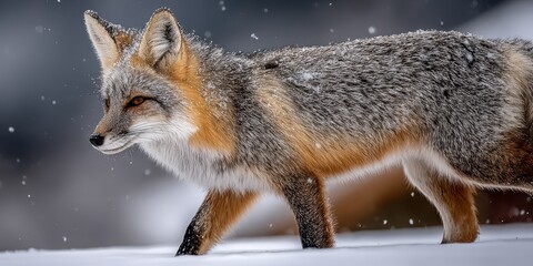 Obraz premium Stunning Gray Fox Foraging For Food in a Snowy Wilderness Landscape, Capturing Nature s Beauty