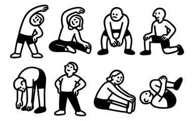 Diverse fitness exercises in playful black and white cartoon style