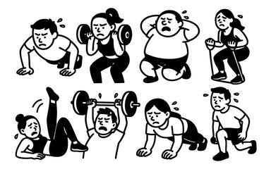 Diverse group of people exercising in black and white cartoon style