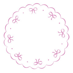 Round Cute Pink Naive Style Frame With Bows for Scrapbook and Invitation Design on a Transparent Background.