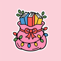 Holiday Book Sack with Bow, Lights, and Leaves Illustration