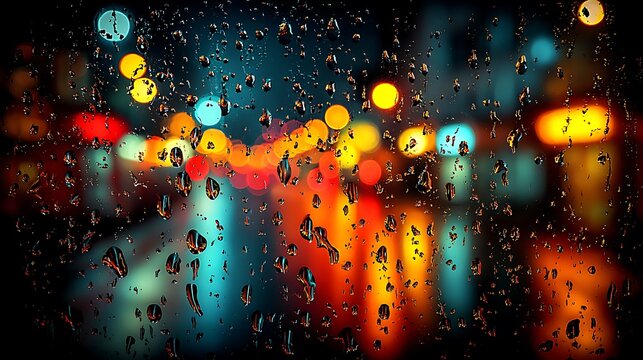 Raindrops on window glass with blurred city lights bokeh effect