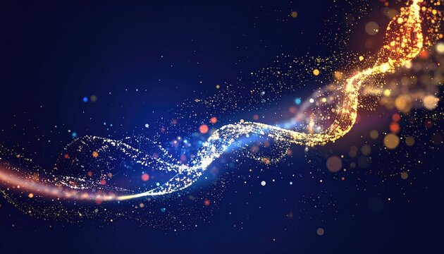 Abstract glowing particle wave and bokeh lights on dark blue background.