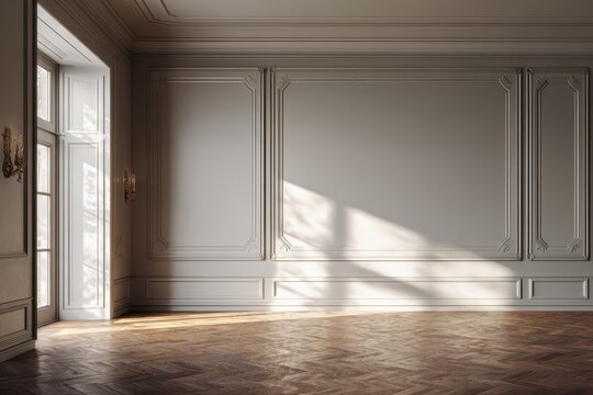 Elegant architectural background featuring raised wall panels, high ceiling, and warm parquet flooring