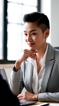 A professional woman in a grey blazer sits at a desk, looking thoughtful