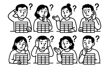 Naklejka premium Confused business team analyzing spreadsheet with question marks in black and white linear style