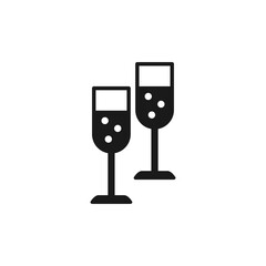 Two glasses of champagne icon standing side by side. 2 glass wine icon. Vector illustration and silhouette on white background.