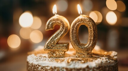 Elegant gold numeral twenty candle with sparkling label for celebration on cake