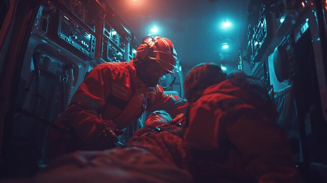 Paramedic tending to patient inside ambulance with blue and red lights