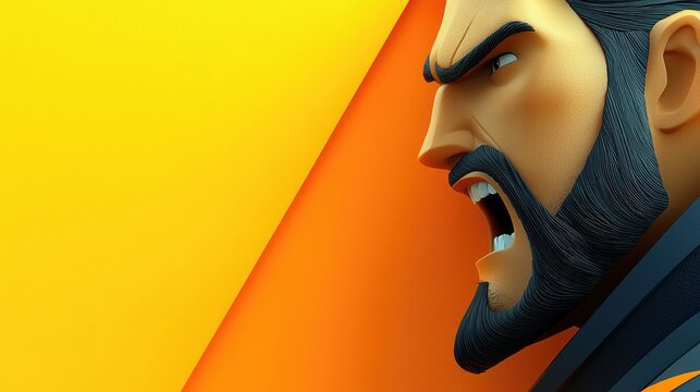 A close-up of a cartoon man's face, mid-shout, set against a vibrant orange and yellow backdrop. The man has a beard and is expressing anger.