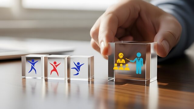 Hand placing a clear block with diverse people icons onto a table