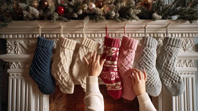 Cozy christmas stockings hung above a warm fireplace