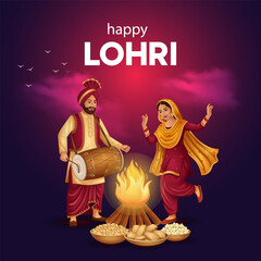 Happy Lohri festival background. Indian Sikh couple dancing around bonfire.