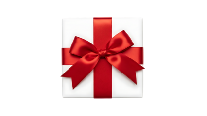 A white gift box with a vibrant red satin ribbon and bow isolated on transparent background
