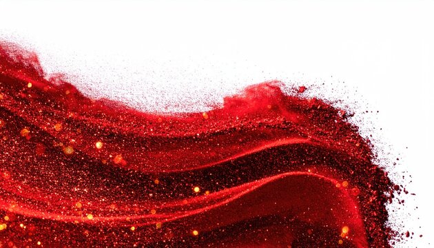 Dynamic red glitter powder explosion with flowing waves and sparkling bokeh lights.