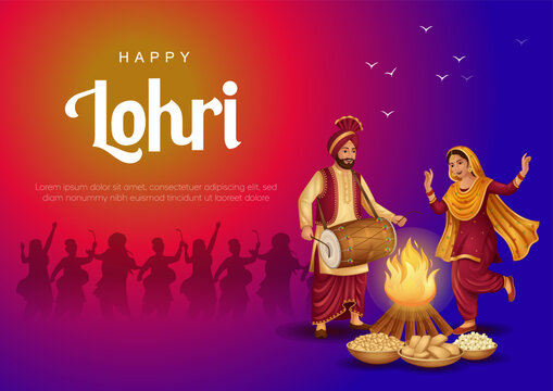 Happy Lohri festival background. Indian Sikh couple dancing around bonfire.