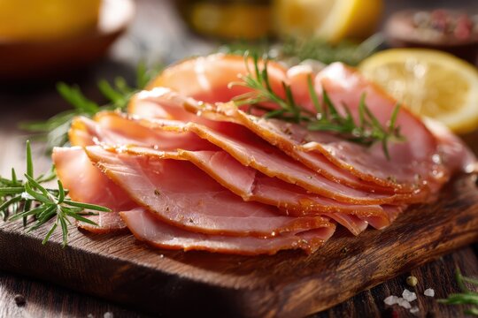 Elegant smoked ham centerpiece on a wooden board with pink-orange slices, herbs, and a lemon