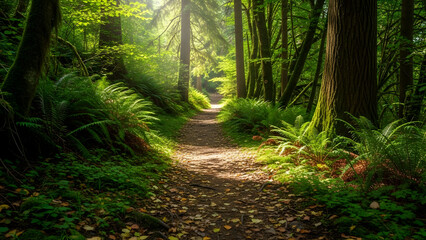 Obraz premium Peaceful Forest Hiking Trail with Sunlight Through Trees