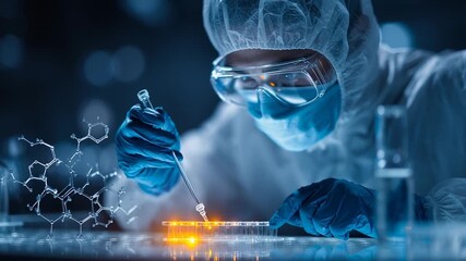 Scientist in protective gear conducts chemical experiment with molecular structure visualization - Powered by Adobe