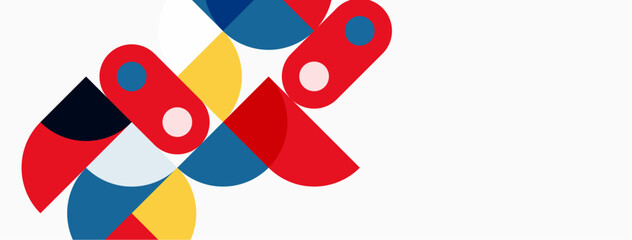 Abstract geometric shapes overlap. Red, yellow, blue hues dominate white background. Modern design, simple composition.