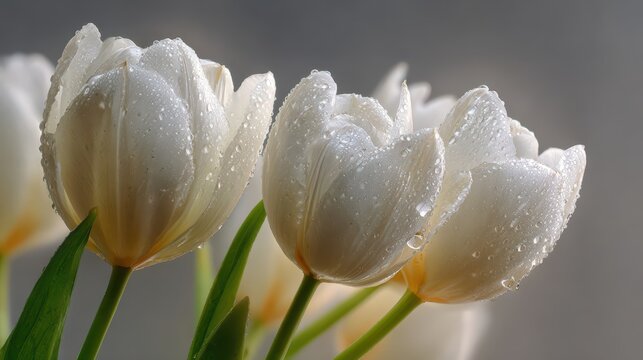 Elegant white tulips in soft light with delicate petals and tranquil background