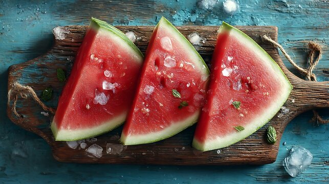 Refreshing watermelon slices with ice and mint on rustic board