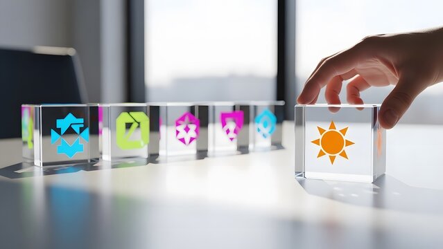 Hand placing a sun icon block in a line of colorful icon blocks