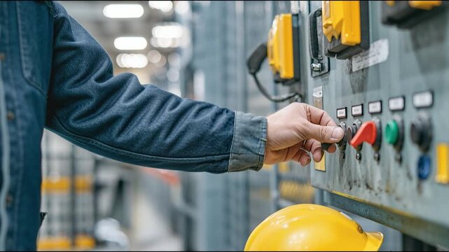 Industrial Operator in Action: A focused operator's hand intently activates a control panel in an industrial setting, showcasing precision and technological command.