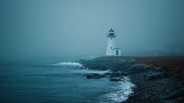 Iconic lighthouse on a rugged coast shrouded in dense ocean fog