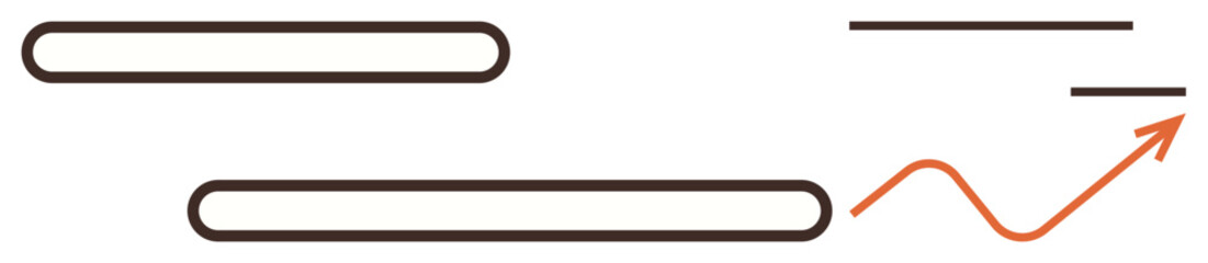 Horizontal rounded bars, straight lines, and an upward curving arrow. Ideal for concepts of growth, achievement, success, data trends, strategy, analysis progression simple flat metaphor