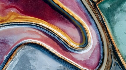 Colorful mineral-like layers curve across the image in an abstract aerial-style composition.