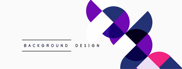 Abstract geometric shapes overlap, creating dynamic visual effect. Purple, navy, pink hues dominate white background. Minimalist design.