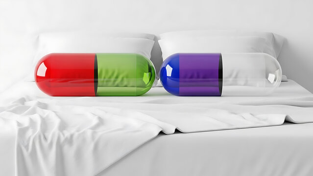 Get Well Soon Concept - Colorful Medication Capsules on White Bed Photography