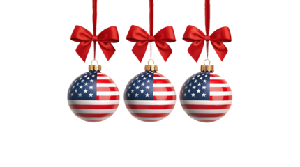 Patriotic American flag Christmas ornaments with red bows hanging isolated transparent background festive holiday decorative elements