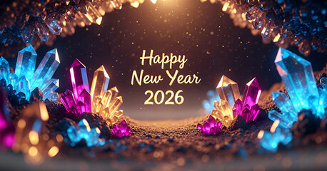 Vivid neon crystals rise from the ground, casting shimmering colors across reflective stones while bright golden Happy New Year 2026 text glows warmly at the center of the festive composition.