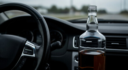 Bottle of alcohol without a label near the steering wheel of a car close-up, concept of alcoholism while driving, prohibition of drinking alcohol while driving