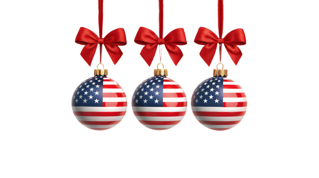 Patriotic American flag Christmas ornaments with red bows hanging isolated transparent background festive holiday decorative elements - Powered by Adobe
